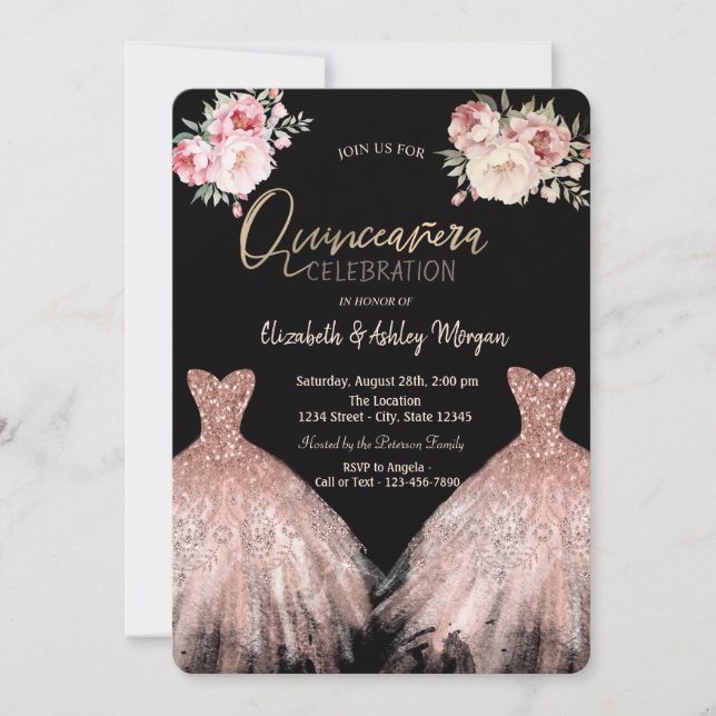 Chic Elegant Dress Floral Black Quinceanera Invitation (Front)