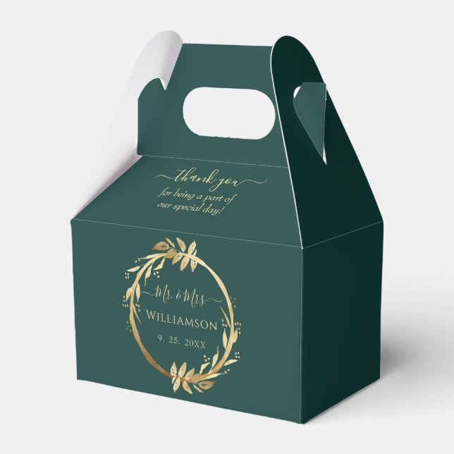 Chic Elegant Emerald Green Golden Foliage Wedding Favour Box (Front Side)