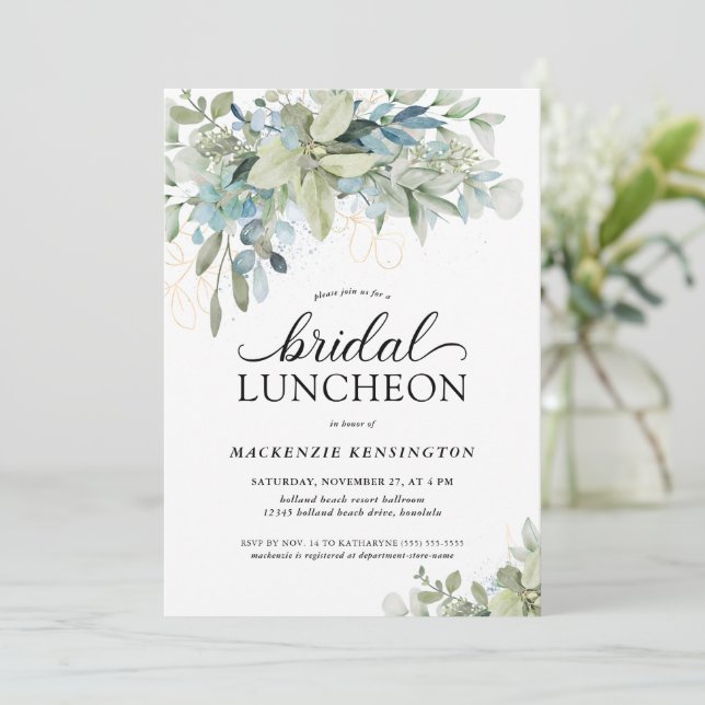 Chic Elegant Eucalyptus Greenery Bridal Luncheon Invitation (Standing Front)