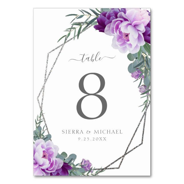 Chic Elegant Floral Purple & Silver Wedding Table Number (Front)