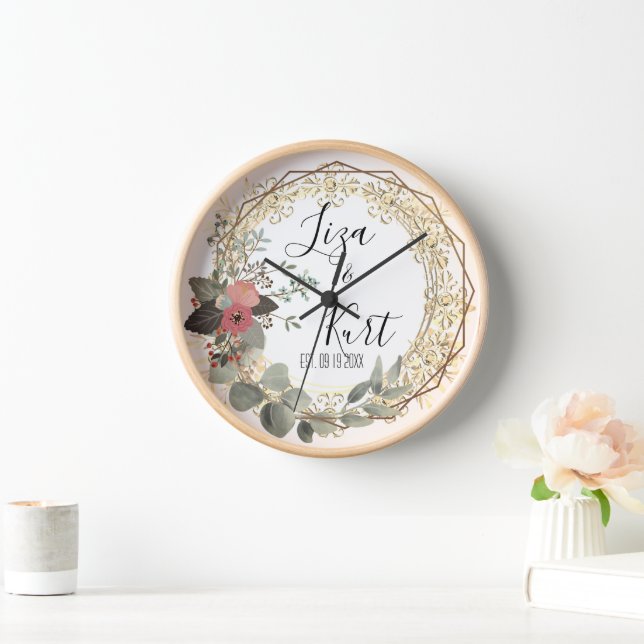 Chic Elegant Floral Wreath Wedding       Clock (Home)