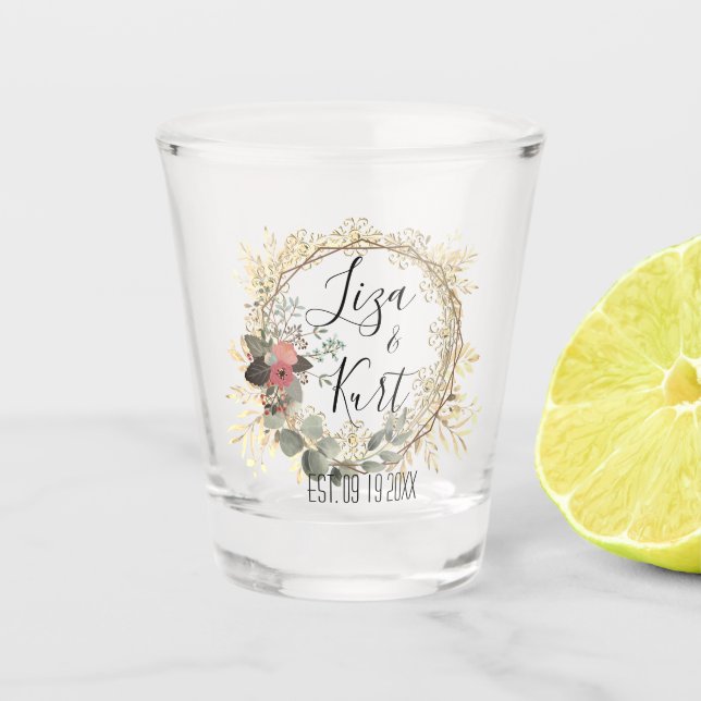 Chic Elegant Floral Wreath Wedding      Shot Glass (Front)