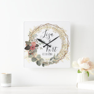 Chic Elegant Floral Wreath Wedding Square Wall Clock