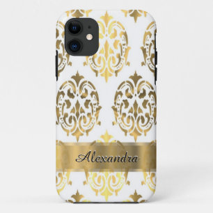 Chic elegant gold and white personalised damask iPhone 11 case