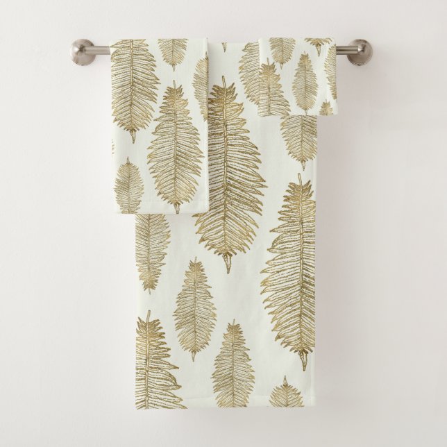 Chic Elegant Gold & Blush Sage Fern Leaf Bath Towel Set (Insitu)