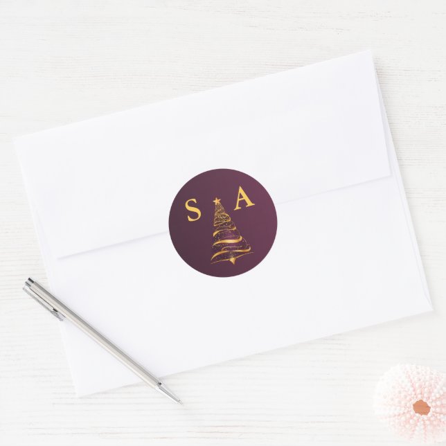 Chic Elegant Gold Christmas Tree Monogram Wedding Classic Round Sticker (Envelope)