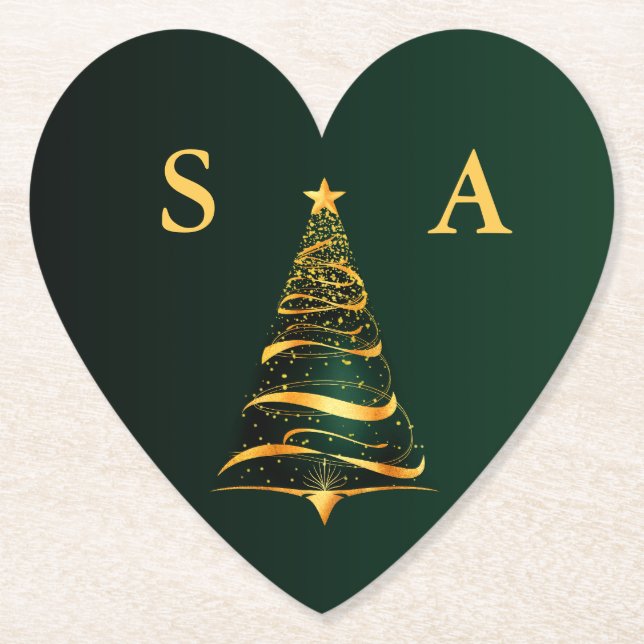 Chic Elegant Gold Christmas Tree Monogram Wedding Paper Coaster (Front)