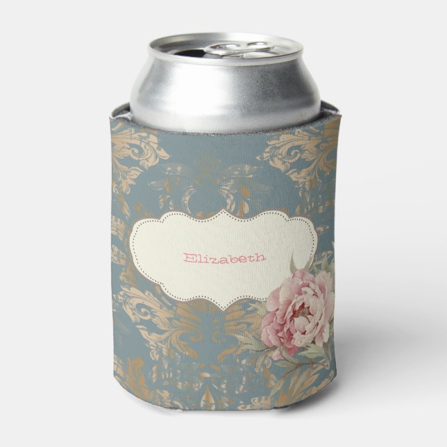 Chic Elegant Gold Damask Roses Can Cooler (Can Front)