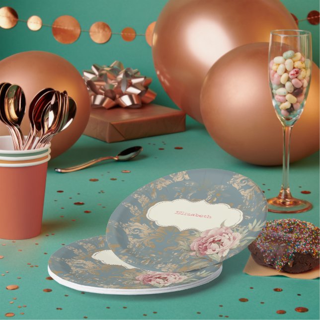 Chic Elegant Gold Damask Roses Paper Plate (Multi)