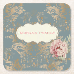 Chic Elegant Gold Damask Roses   Square Paper Coaster