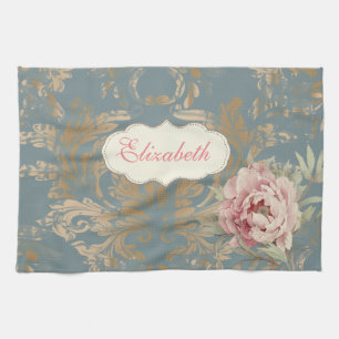 Chic Elegant Gold Damask Roses Tea Towel