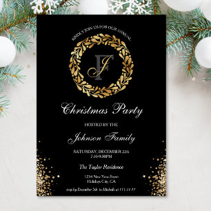 Chic Elegant Gold Monogram Wreath Christmas Party Invitation