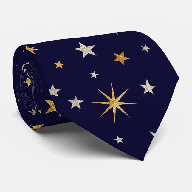  Chic Elegant Gold Silver Stars Navy Blue Monogram Tie (Rolled)