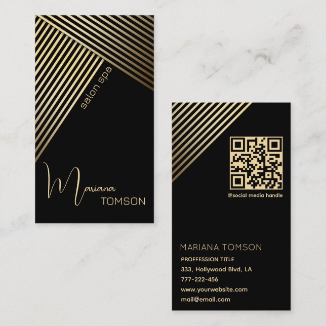 Chic elegant golden/black stripes Qr code Business Card (Front/Back)