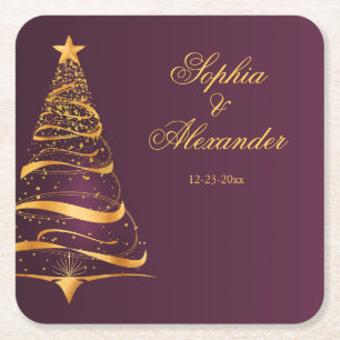 Chic Elegant Golden Christmas Tree Wedding Square Paper Coaster