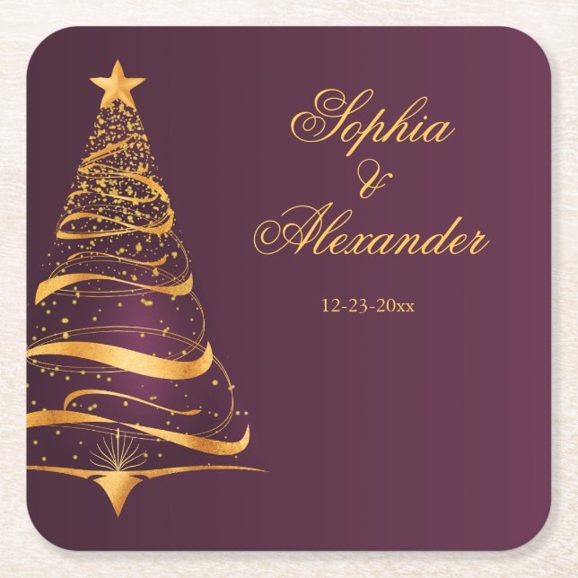 Chic Elegant Golden Christmas Tree Wedding Square Paper Coaster (Front)