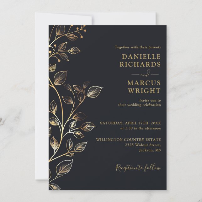 Chic Elegant Golden Floral Wedding QR Code Invitation (Front)