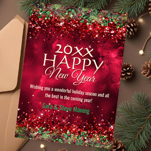 Chic elegant green red floral Happy New Year Holiday Card