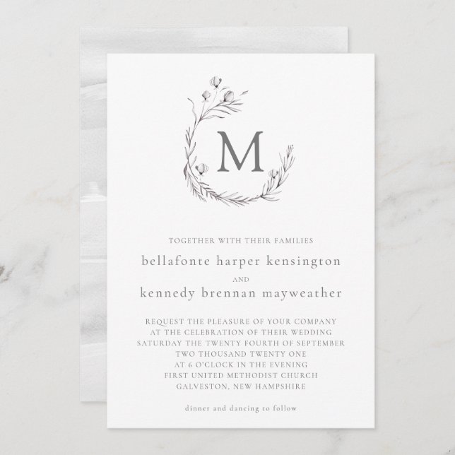 Chic Elegant Grey White Watercolor Floral Wedding Invitation (Front/Back)