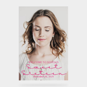 Chic Elegant Hot Pink Script Sweet Sixteen Photo Acrylic Sign