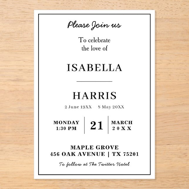 Chic Elegant Memorial Service Design Acrylic Invitations (Front)