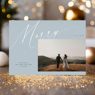 Chic Elegant Merry & Married One Photo Dusty Blue Foil Holiday Card