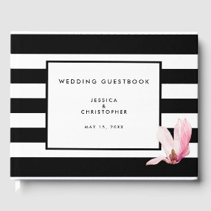 Chic Elegant Modern Black White Stripe Magnolia Guest Book