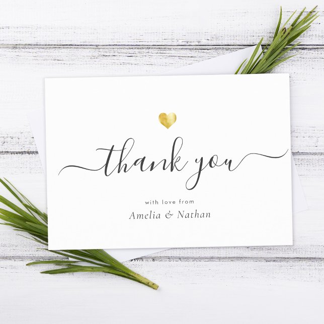 Chic Elegant Modern Script Calligraphy Gold Heart Thank You Card (Creator Uploaded)