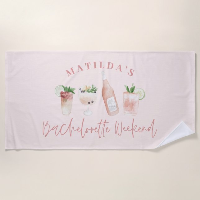 Chic elegant modern watercolor drinks bachelorette beach towel (Front)