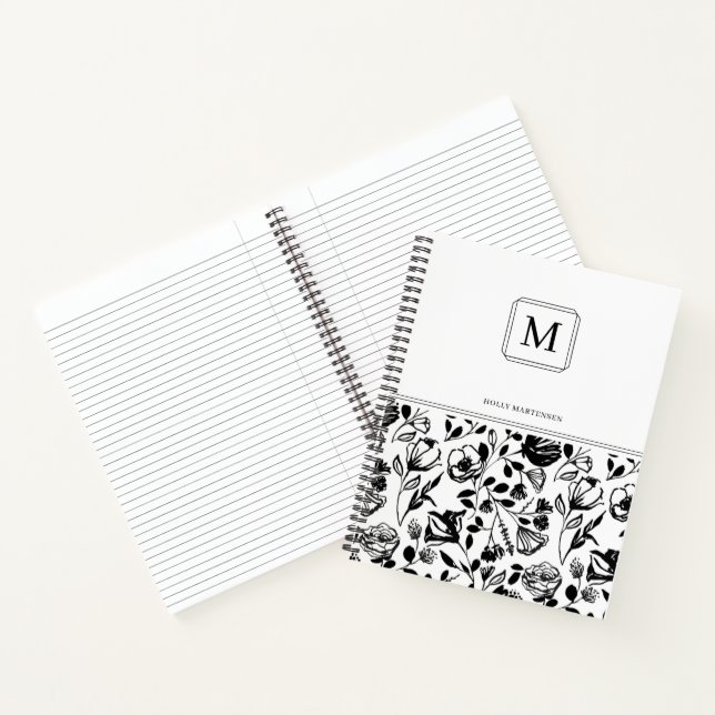 Chic Elegant Monogram Black White Flower Pattern Notebook (Inside)