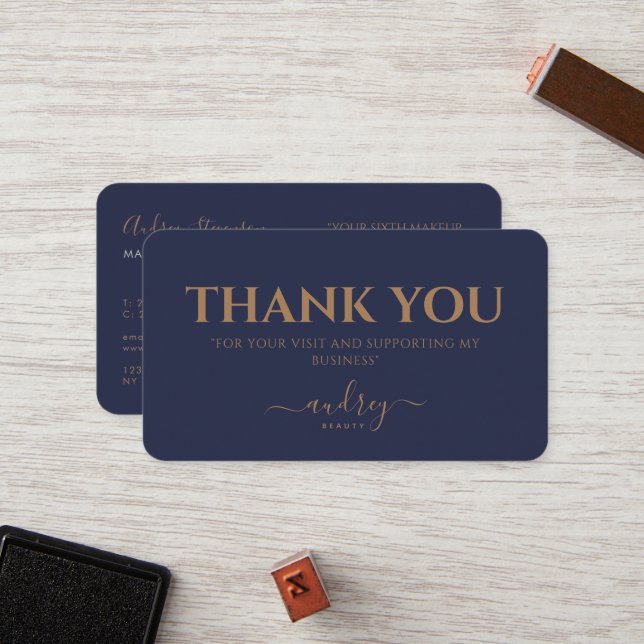 Chic Elegant Navy Blue Gold Script Loyalty Card (Front/Back In Situ)
