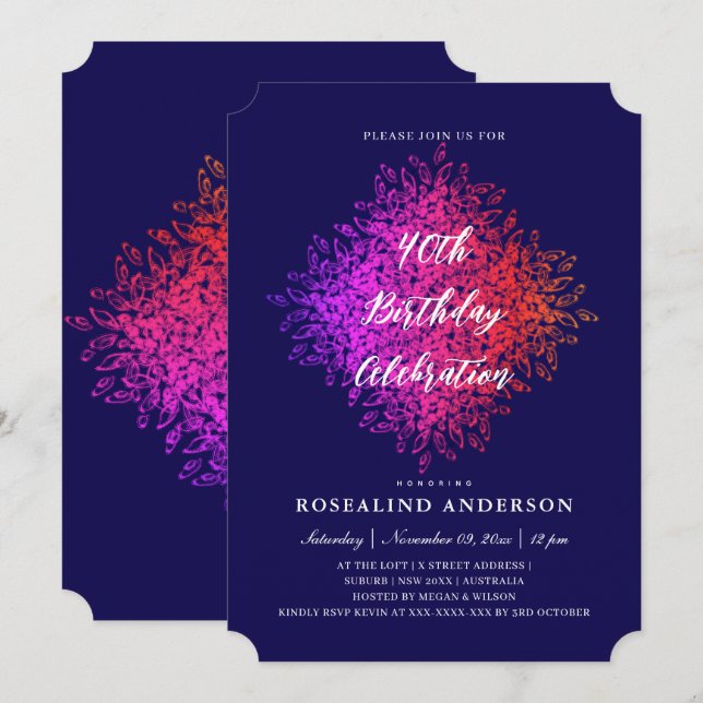 Chic Elegant Navy Pink Purple Mandala Birthday Invitation (Front/Back)