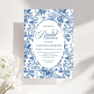 Chic Elegant Navy Toile de Jouy Rose Bridal Shower Invitation