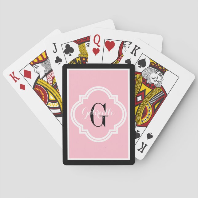 Chic Elegant Pink and Black Monogram Playing Cards (Back)
