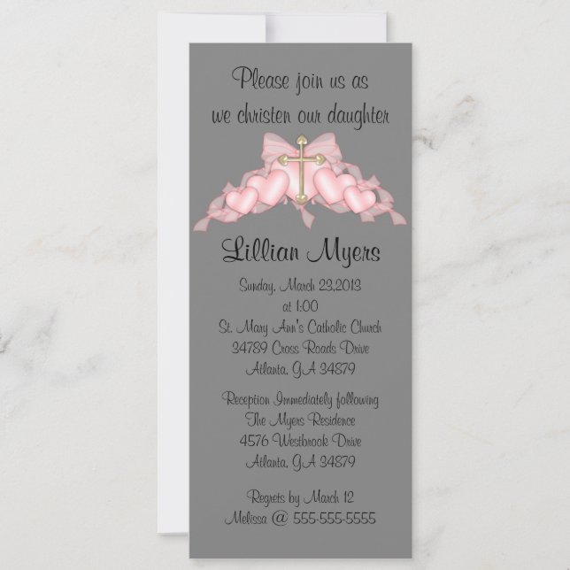 Chic Elegant Pink Cross Baptism/Christening Invitation (Front)