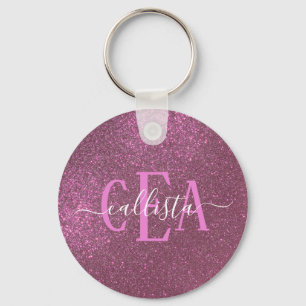 Chic Elegant Plum Purple Sparkly Glitter Monogram Key Ring