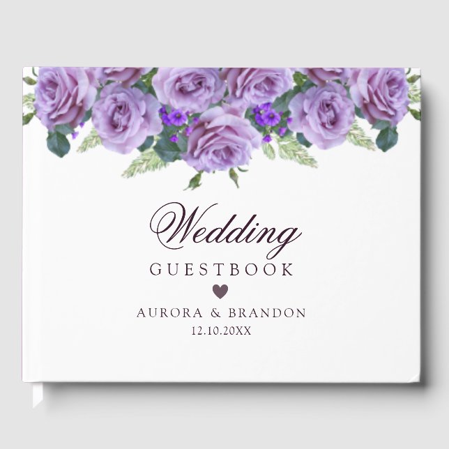 Chic Elegant Purple Floral Wedding Guest Book (Front)