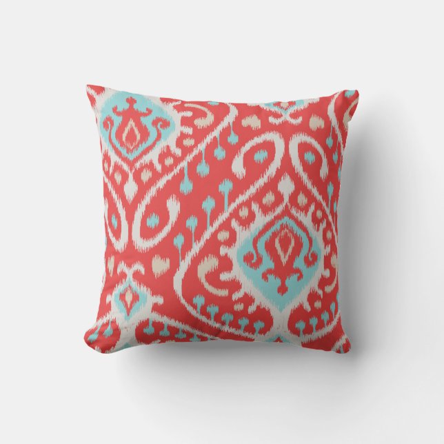 Chic elegant red and turquoise tribal ikat print cushion (Front)