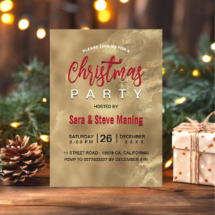 Chic elegant red gold marble art Christmas  Invitation