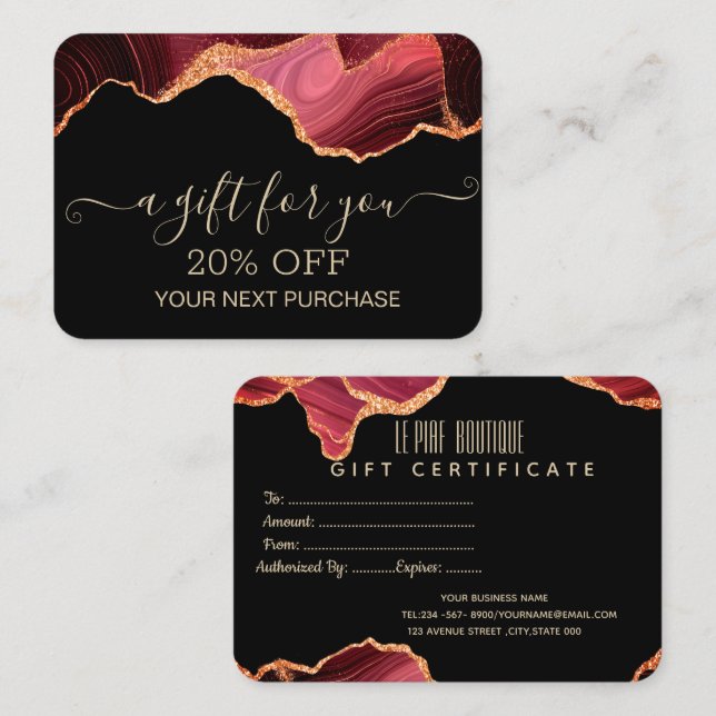 Chic Elegant Red Marble Gold Glitter  Discount Card (Front/Back)