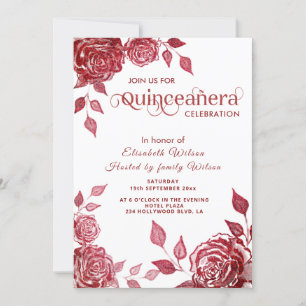 Chic elegant romantic red roses  Quinceañera  Invitation