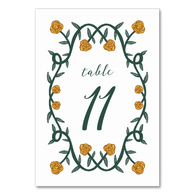 Chic Elegant Rose Frame Botanical Floral GreenGold Table Number (Front)