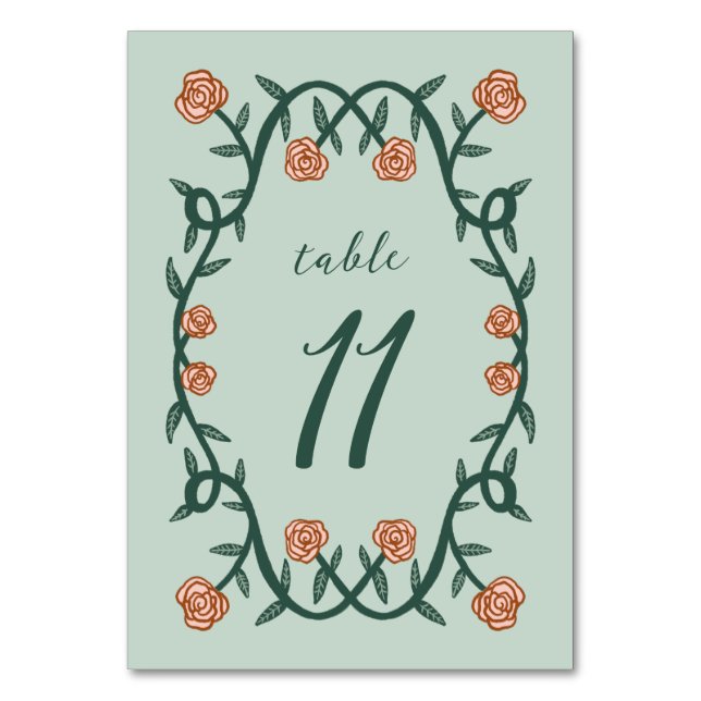 Chic Elegant Rose Frame Botanical Floral GreenPink Table Number (Front)