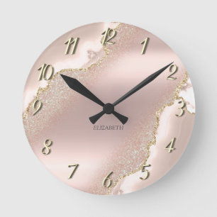 Chic Elegant Rose Gold Glitter Marble   Round Clock