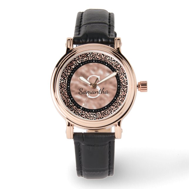 Chic Elegant Rose Gold Leopard Print Name Monogram Watch (Front)