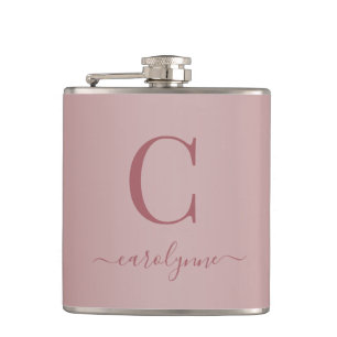 Chic Elegant Rose Gold Monogram Script Hip Flask