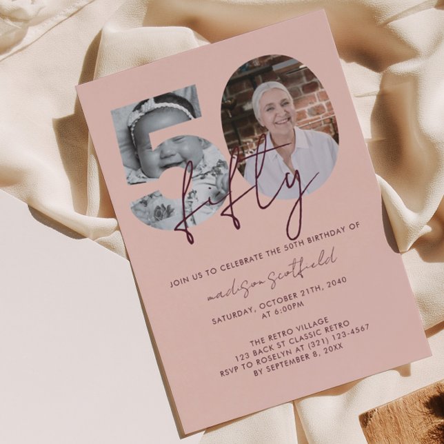 Chic Elegant Rose Gold Photo Script 50th Birthday Invitation (Creator Uploaded)