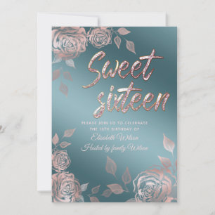 Chic elegant Rose Gold roses sweet sixteen Invitation