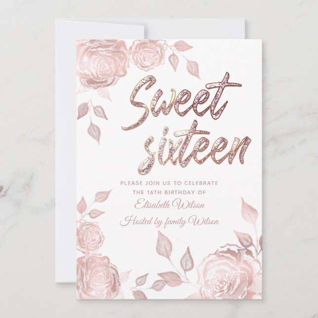 Chic elegant Rose Gold roses sweet sixteen Invitation (Front)