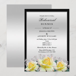Chic Elegant Roses Silver Wedding Rehearsal Dinner Invitation